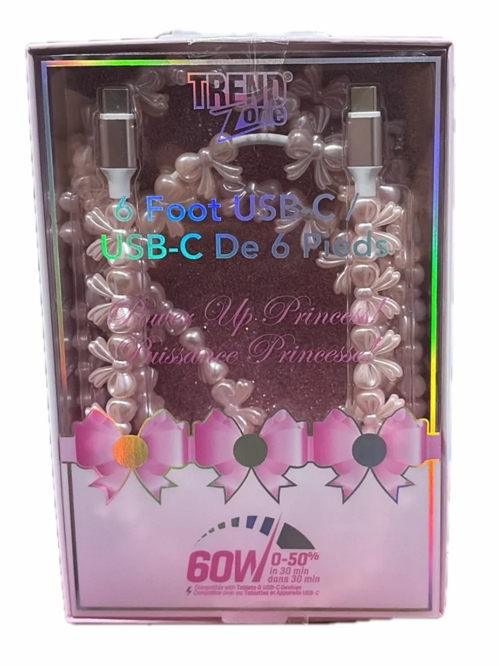 NIB Trend Zone Pink Bows Beaded USB-C Cable